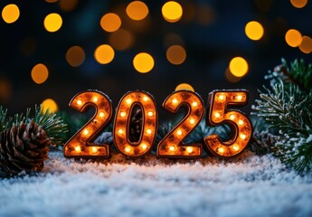 Celebrate the arrival of 2025 with this enchanting image featuring glowing numbers nestled in snow, surrounded by festive greenery and soft bokeh lights, perfect for holiday cheer.