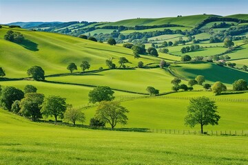 Lush Green Hills Scenic View with Serene Pastures and Vibrant Farmland
