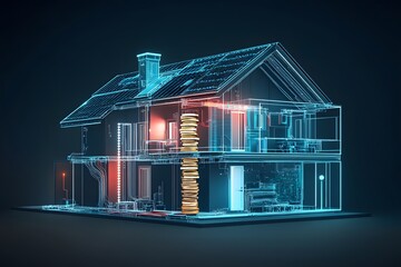 A 3D holographic model of a house showcasing smart technology and energy efficiency.