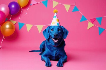 Festive Blue Dog in Party Hat on Bright Pink Background for Celebration Invitations