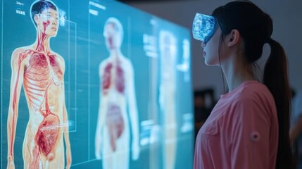 Woman using VR headset to view 3D anatomical model.