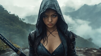 An Asian woman in hooded ninja clothing standing in the misty mountains background wallpaper AI generated image