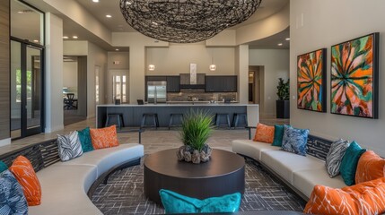 Modern apartment clubhouse lounge with curved seating, artwork, and kitchen.