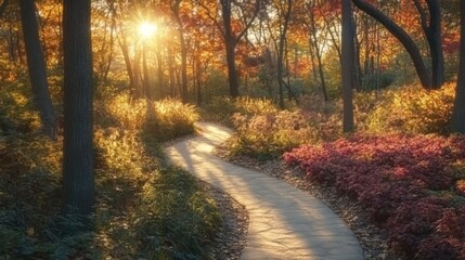 Obraz premium Sunlit autumn path winding through vibrant fall foliage in a tranquil forest.