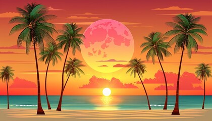 Fototapeta premium One continuous line drawing of beach with palm tree. Abstract tropical landscape with sea and clouds 