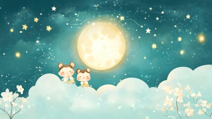 Fototapeta premium Two cute bears sitting on clouds under a full moon and starry night sky.
