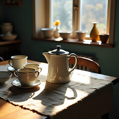 Sunlit Vintage Tea Set with Pastoral Window View in Cream Tones