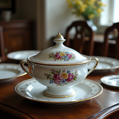 Luxurious Floral Porcelain Tureen with Golden Accents for Formal Dining
