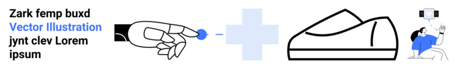 Robotic hand with digital touch, technology symbol, shoe icon, health tracker, arm band. Ideal for technology, healthcare, fitness, futuristic theme, modern products, innovation. Landing page