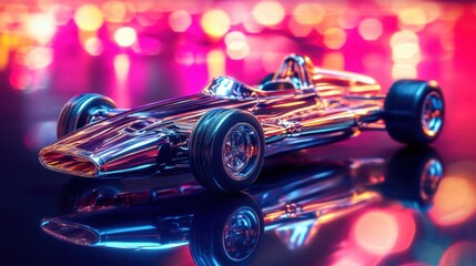 A shiny toy race car with a metallic finish, placed on a reflective surface with dynamic lighting...