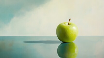 A single, fresh green apple on a reflective surface, surrounded by soft, diffused light, exuding simplicity and purity