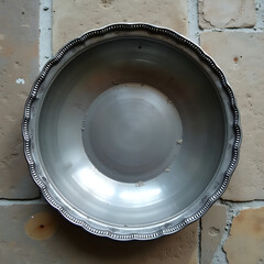 Vintage Silver Decorative Bowl with Scalloped Edge on Textured Wall
