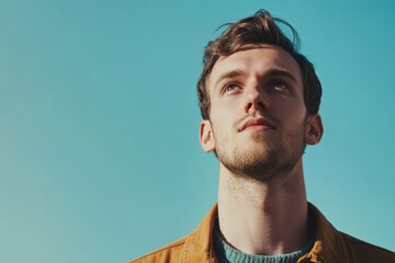 Obraz premium Young Man Gazing Upward Against a Clear Blue Sky, Capturing a Moment of Reflection and Hope