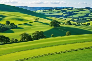 Fototapeta premium Lush Green Hills Scenic Landscape with Picturesque Pastures and Vibrant Farmland