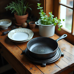 Homey Kitchen Scene with Cast Iron Skillet and Natural Elements