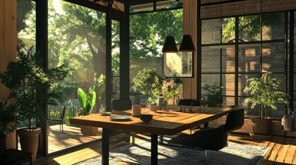 Fototapeta premium A sunlit dining area with greenery, showcasing a serene indoor-outdoor connection.