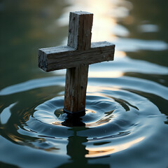 Rustic Wooden Cross in Serene Waters at Dawn with Rippling Reflections