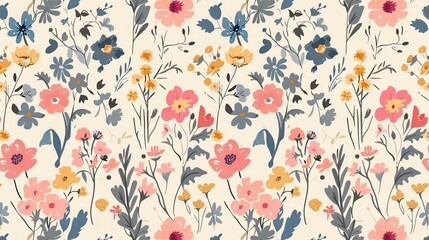 A seamless pattern of colorful flowers on a light background.