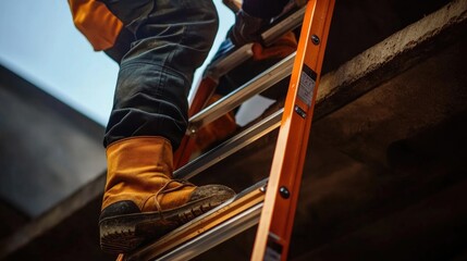 repairman worker standing on ladder close up