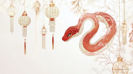 Naklejka premium Happy Chinese New Year 2025,Year of the snake zodiac sign,Snake illustration and design,Asian elements gold paper cut style,Lunar new year concept,New Year card 2025.
