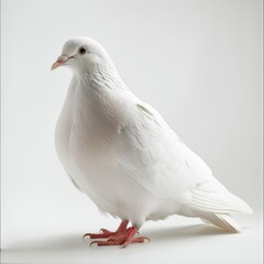 Fototapeta premium A striking white dove in flight, captured beautifully mid-air against a soft light background that emphasizes its beauty.