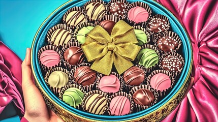 indulge in luxury: a circular box of chocolates with a golden bow on velvet - perfect for poster decor in gourmet kitchens or elegant dining spaces!