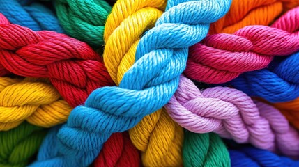 A tangled pile of coloured rope. Confusion and thought process concept
