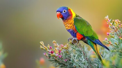 Obraz premium Rainbow lorikeet perched on flowering bush.