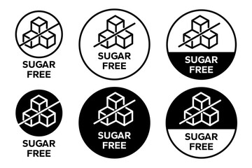Sugar free icons. Zero sugar label. Set allergen free icons. Allergen free products. Sugar free logo, label, badge, sticker, symbol, emblem, black, circle, line, vector, isolated illustration.