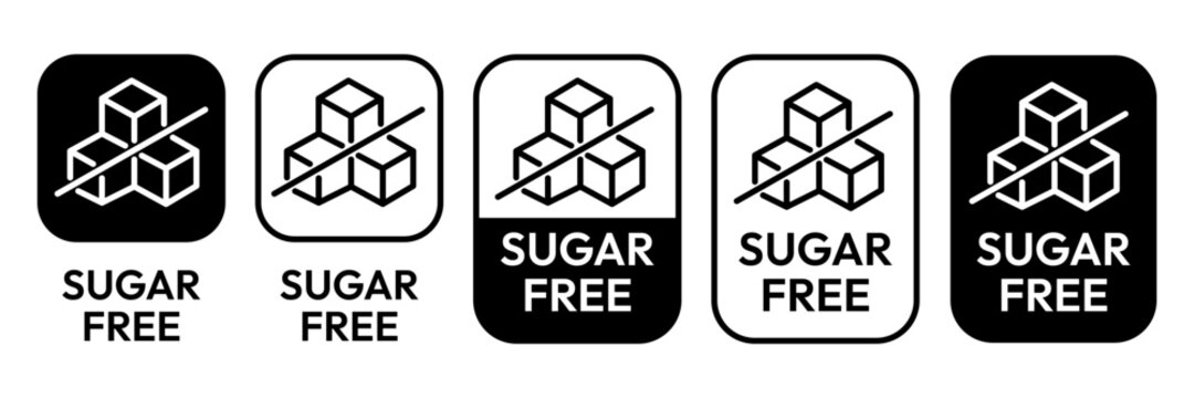Sugar free icons. Zero sugar label. Set allergen free icons. Allergen free products. Sugar free logo, label, badge, sticker, symbol, emblem, black, circle, line, vector, isolated illustration.