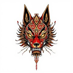 Obraz premium A striking tattoo design featuring a kitsune mask, emphasizing bold lines and vibrant colors, suitable for tattoo art and cultural expression.