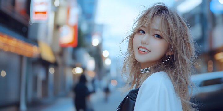 In a lively urban location during the evening, a cute small gyaru female with blonde hair and blue eyes smiles cheerfully.