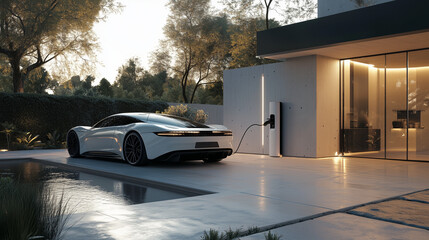 Futuristic Modern Home with Electric Car Charging Station