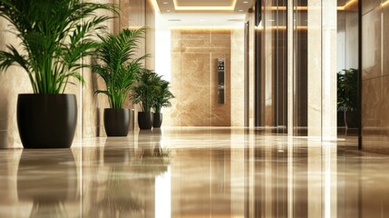 Modern interior of luxury office hall, clean shiny brown floor and green plants in lobby of commercial building. Concept of marble tile, hallway, service, company, contemporary design