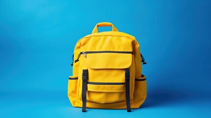 Yellow backpack on blue background.
