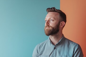 Fototapeta premium Thoughtful Man with Beard Against a Colorful Background in a Modern Setting