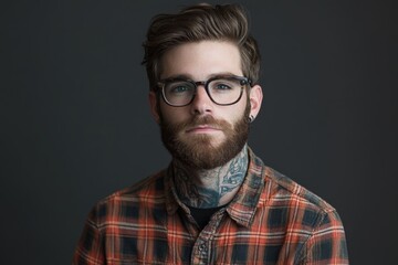 Fototapeta premium Stylish Young Man with Glasses and Beard in a Flannel Shirt Against a Dark Background
