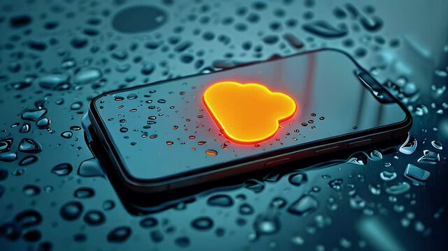 A smartphone displaying a cloud icon on a wet surface, symbolizing digital storage.