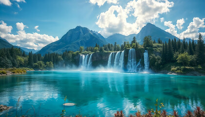 Fototapeta premium Majestic Waterfalls Flowing into Crystal Clear Blue Lake Surrounded by Mountains. 