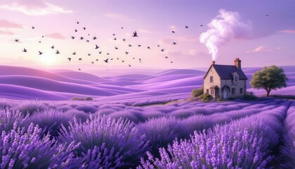 A picturesque lavender field with a quaint house, capturing the essence of rural beauty, perfect for lifestyle and travel content.