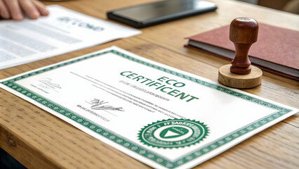 Obraz premium Close Up Eco Bond Certificate Green Seal Wooden Desk Green Investment Ample Copy Space Stock Photo Concept