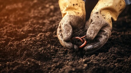 Obraz premium Gloved hands hold rich soil with earthworms.