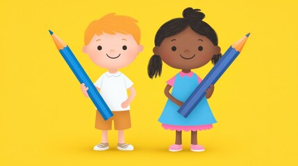 Happy diverse children holding large pencils.