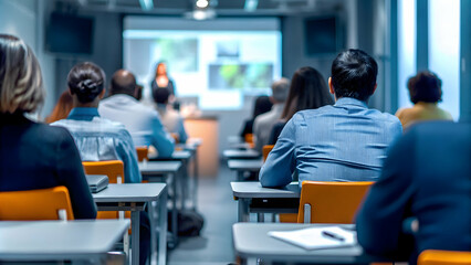 Obraz premium Corporate Training Workshop on Environmental Responsibility with Employees Learning Sustainable Initiatives and Best Practices