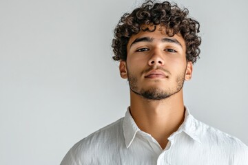Obraz premium Confident Young Man with Curly Hair in Casual White Shirt Against Neutral Background