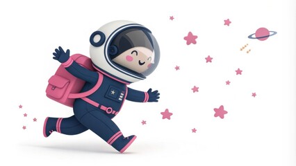 Fototapeta premium A cheerful child in a space suit joyfully runs with a pink backpack, surrounded by stars and a planet, embodying a whimsical space adventure.