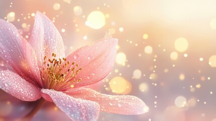 Fototapeta premium A soft pink blossom glistening with dewdrops, illuminated by warm golden light against a blurred, sunset-hued horizon.