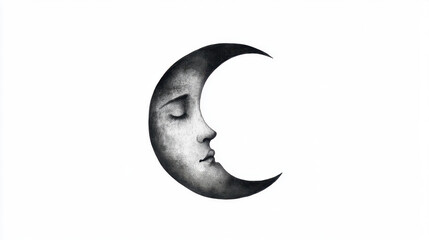 A crescent moon with a serene face, symbolizing mystery and tranquility, set against a clean white background.