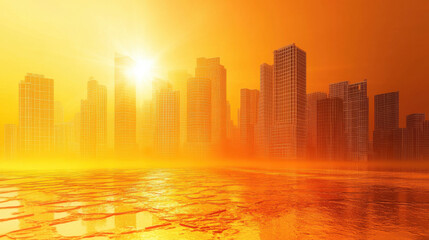 Obraz premium A stunning sunset casts a warm orange glow over a city skyline, reflecting off a shimmering surface, creating a serene yet striking atmosphere.