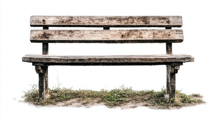 Fototapeta premium A solitary wooden bench with a weathered finish, nestled in a tranquil natural park, isolated on a white backdrop